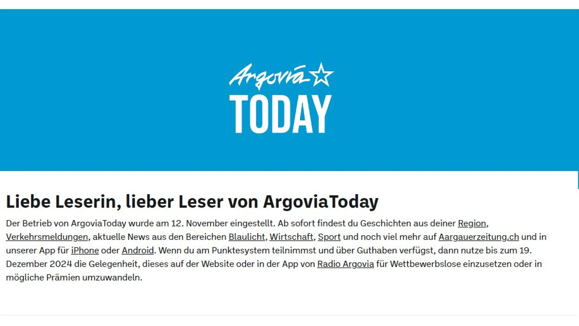 Screenshot der Website von Argovia Today vom 12. Novmeber 2024 mit dem Hinweis, dass das Portal geschlossen sei.