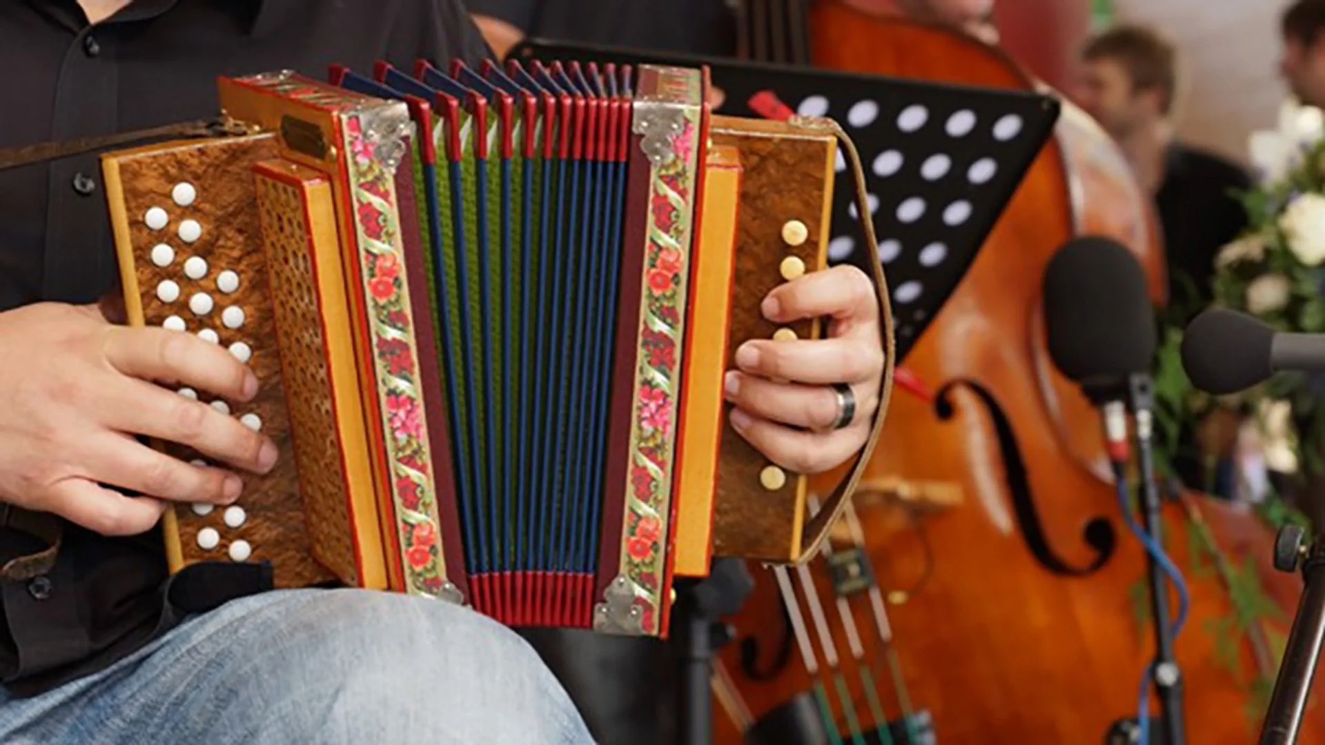 Eine Person spielt Handorgel.