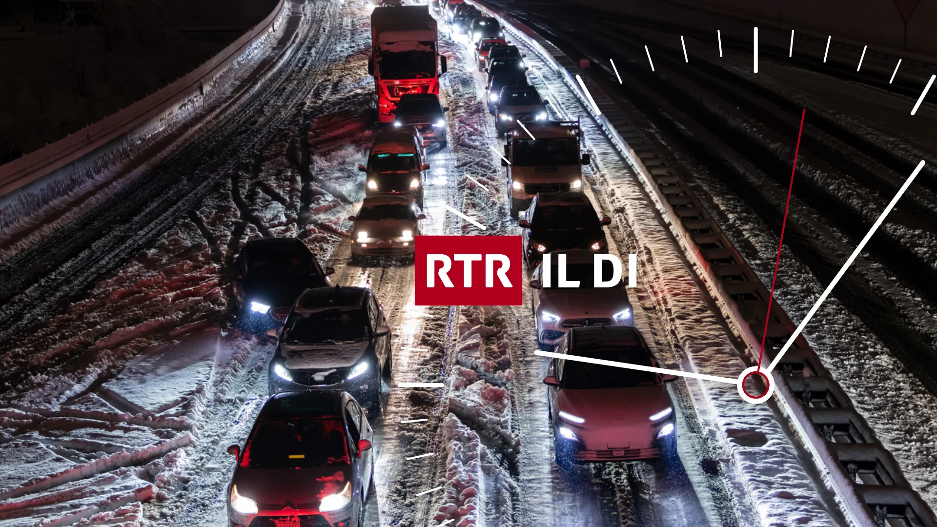 Autos auf schneebedeckter Autobahn mit Logo von der RTR-Tageszusammenfassung RTR il di