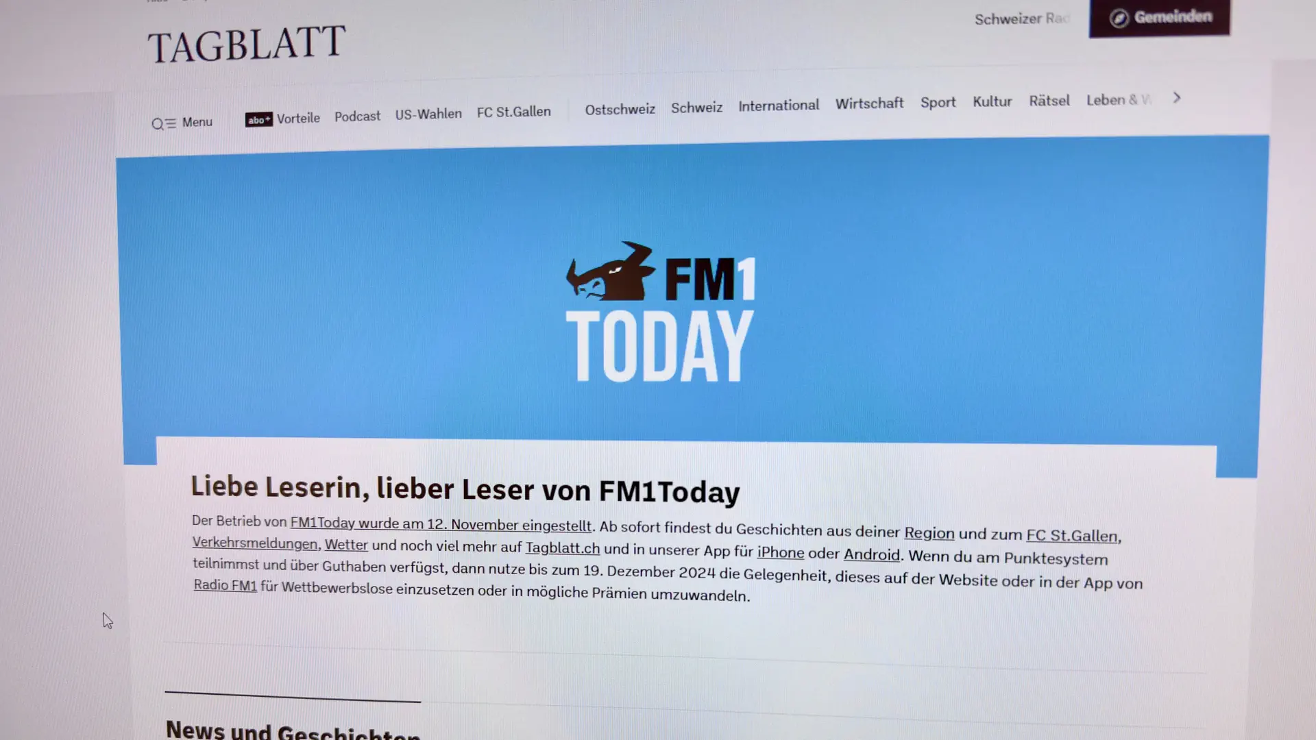 Wer heute die Website von FM1Today besucht, wird auf die Website des St. Galler Tagblatts weitergeleitet.