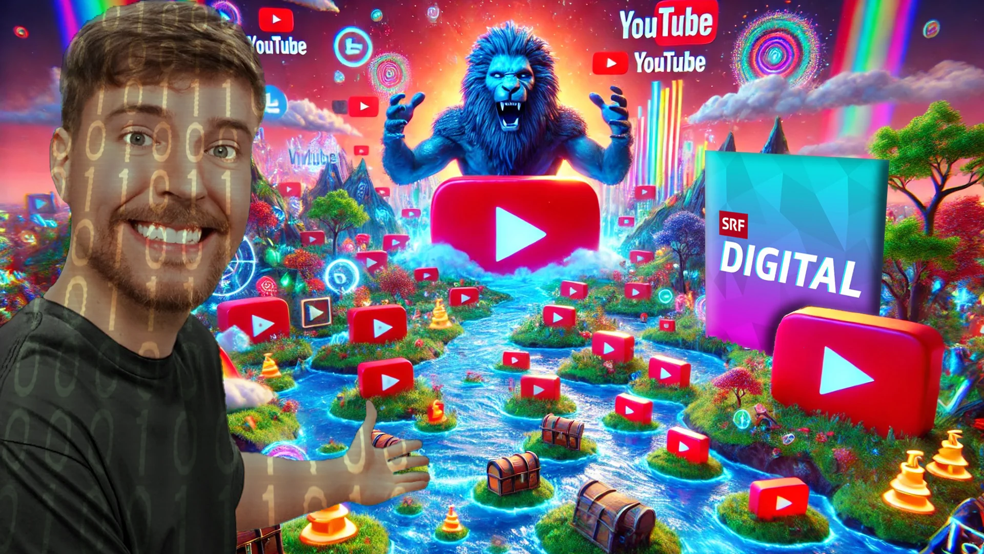 MrBeast zeigt auf eine Fantasielandschaft mit YouTube-Logos